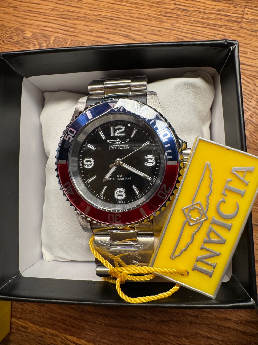 NWT Invicta Stainless Steel Watch with Black Dial and Red & Blue Bezel